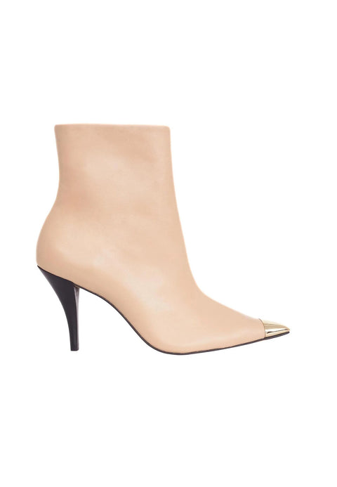 2. Beige calf leather ankle boots with 8.7 cm heel and pointed toe, shown in side view on white background