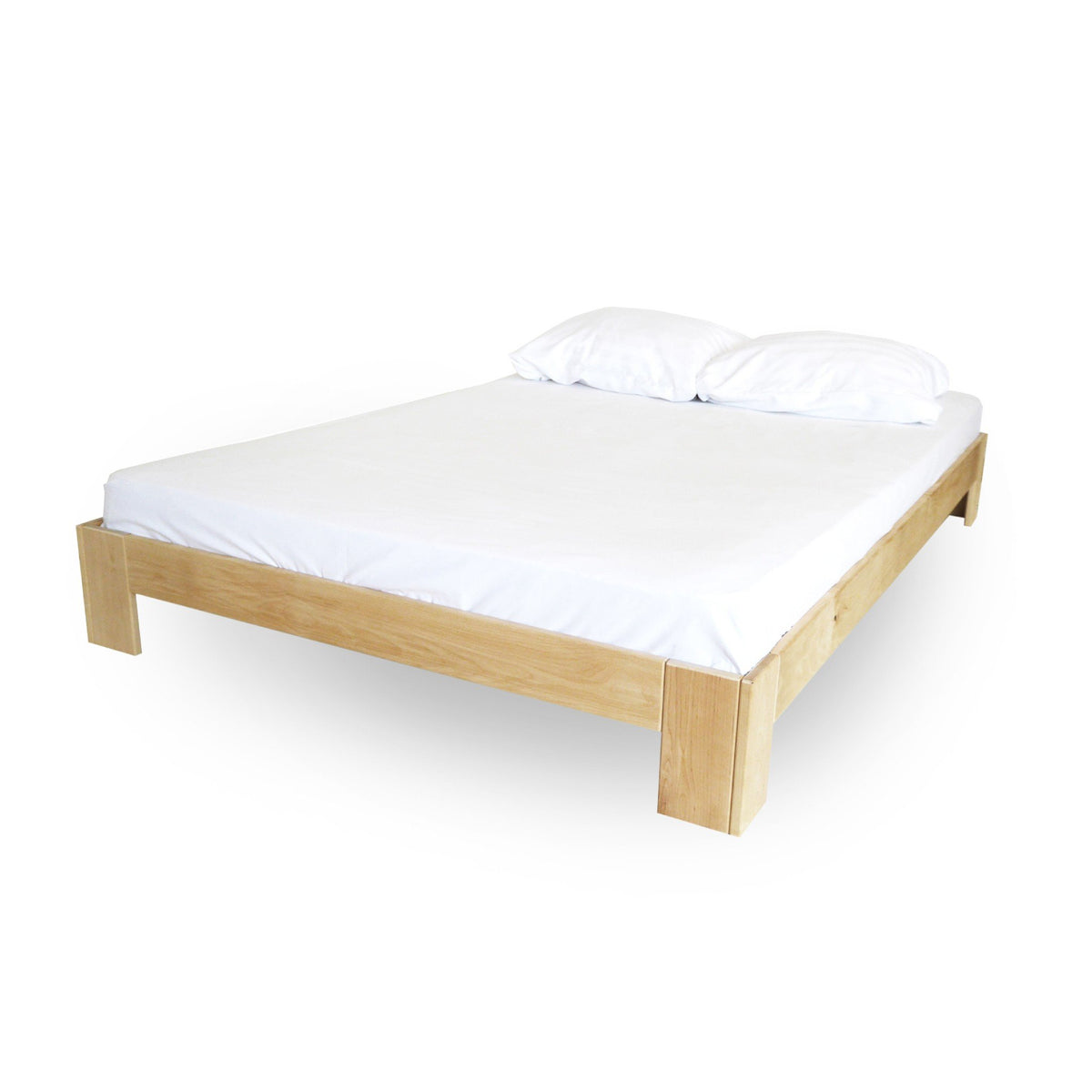 1. Birch wood bed frame with white bedding, showcasing modern design and hidden joints, in a studio setting