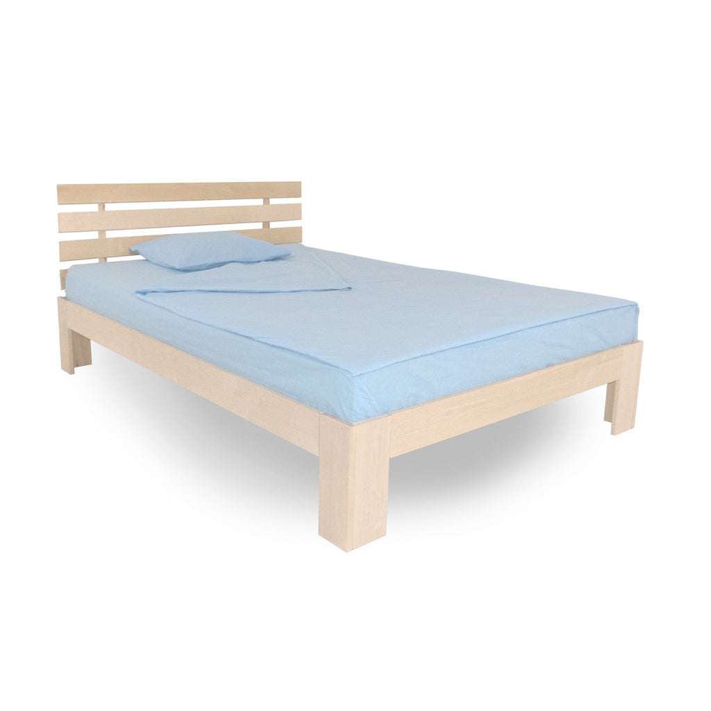 3. Double Birch Bed Tango Plus in light wood with blue bedding on a white background