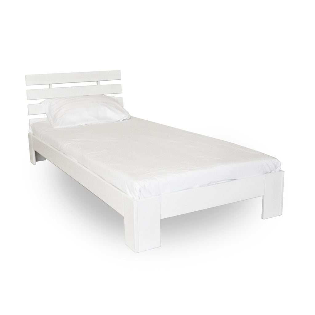 5. Single Birch Bed Tango Plus in white with white bedding on a white background