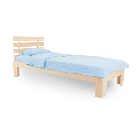 4. Single Birch Bed Tango Plus in light wood with blue bedding, side view on a white background
