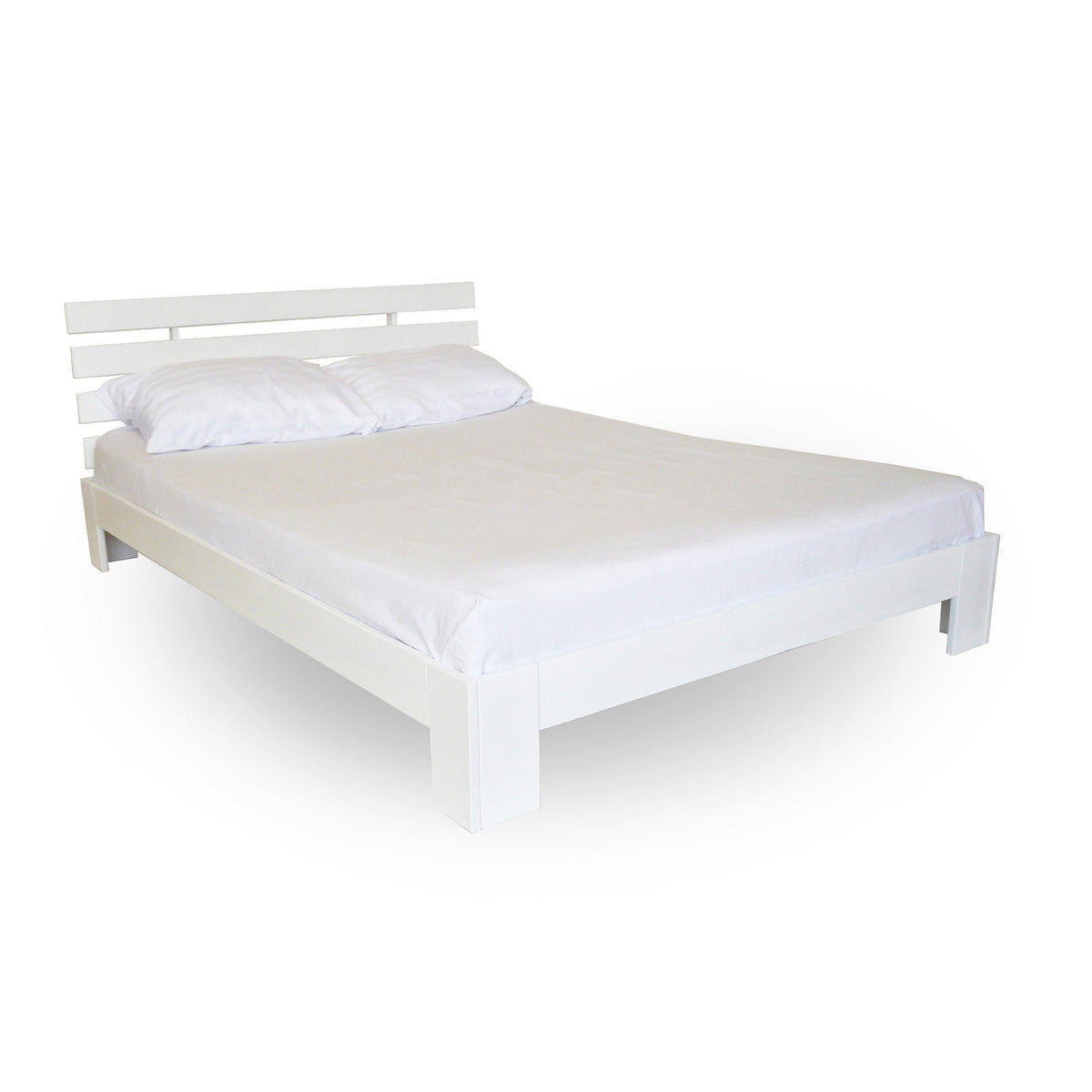1. White Birch Bed Tango Plus with slatted headboard and white bedding on a clean white background