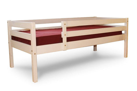 2. Kids bed with solid birch frame and guardrails, shown in studio setting with red mattress, highlighting safety features and storage space underneath