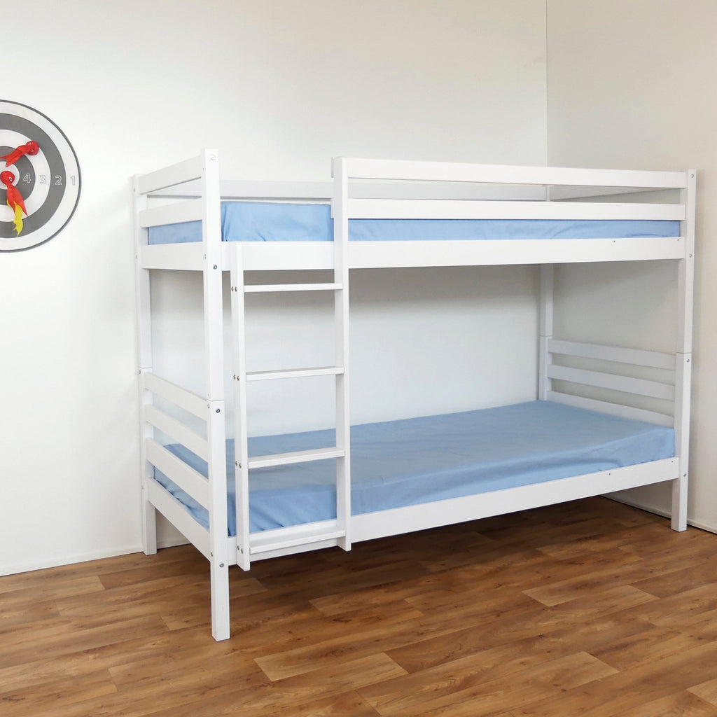 2. White birch bunk bed with blue mattresses, ladder on left side, in a room with wooden floor and wall decor