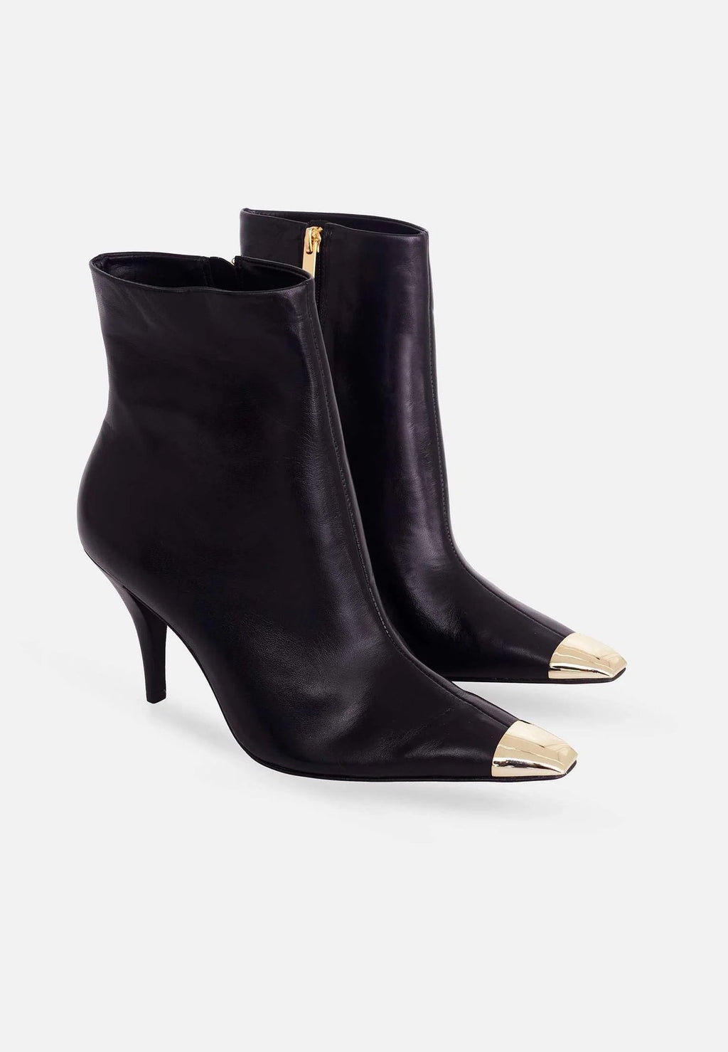 2. Pair of black calf leather ankle boots with gold pointed toes and side zips, angled view on white background