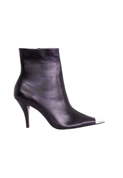 1. Black calf leather ankle boot with 8.7 cm heel and pointed toe, side view on white background