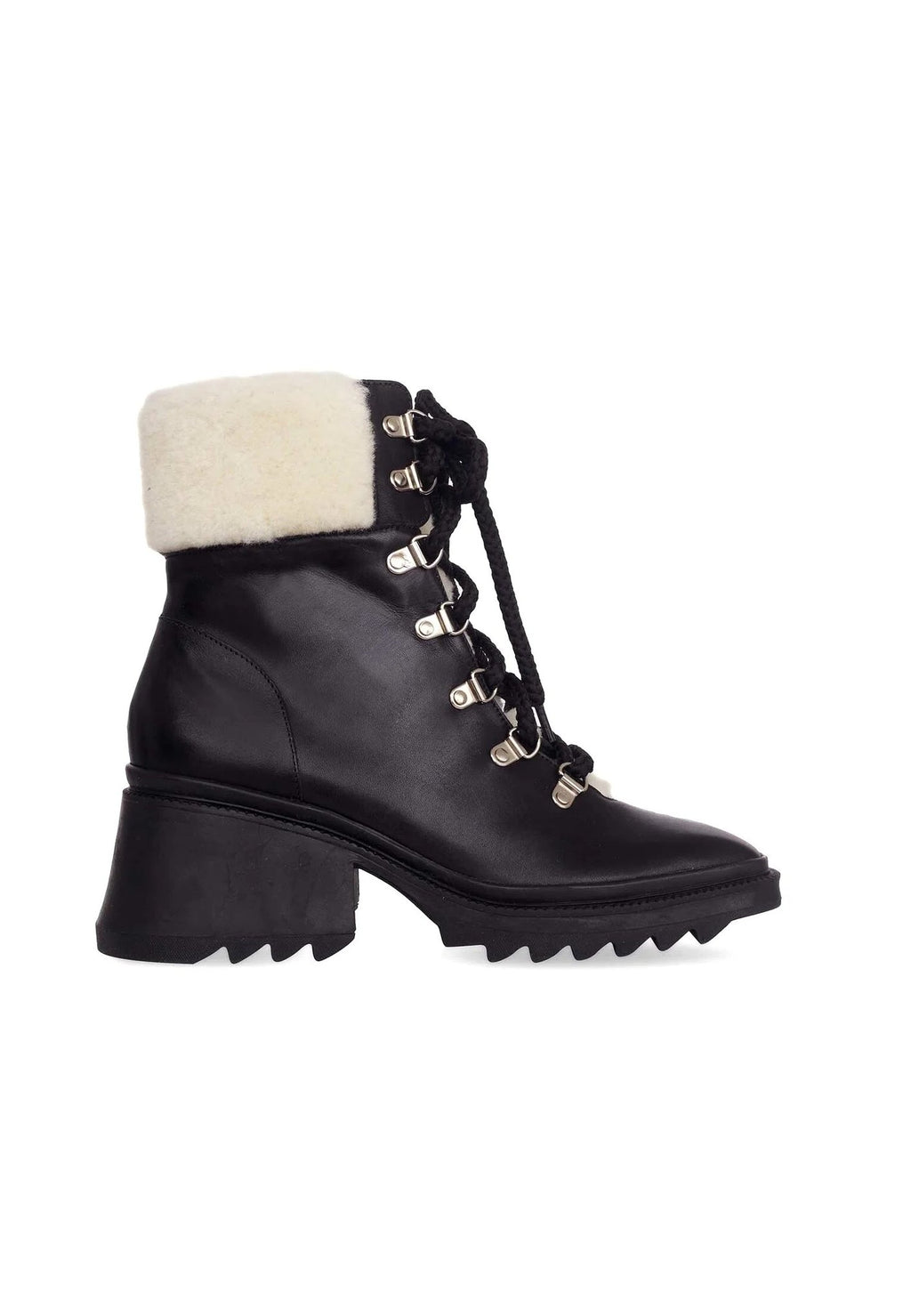 2. Black calf leather combat boot with shearling detail and 7.8 cm heel, side view on white background
