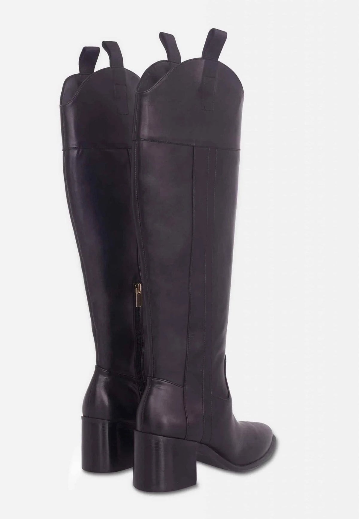 3. Back view of women's black leather knee-high boots with block heel and zip fastening in studio setting