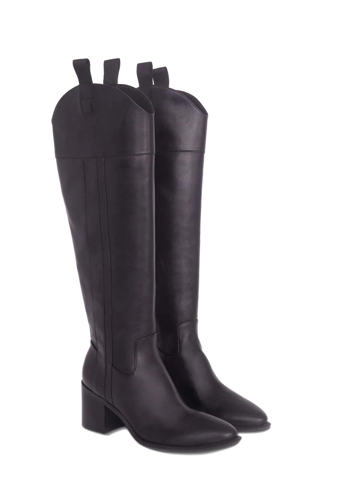 2. Women's black calf leather knee-high boots with block heel shown in studio setting highlighting sleek design and pointed toe