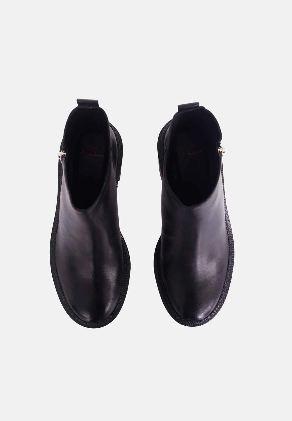 4. Top view of women's black goat leather ankle boots with round toe and pull tabs