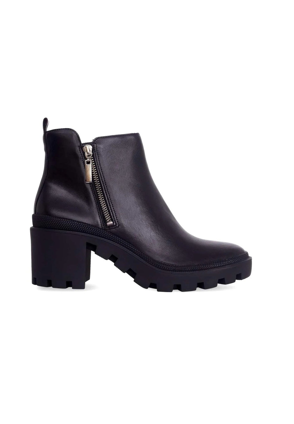 2. Women's black goat leather ankle boots with side zipper and block heel shown in studio setting