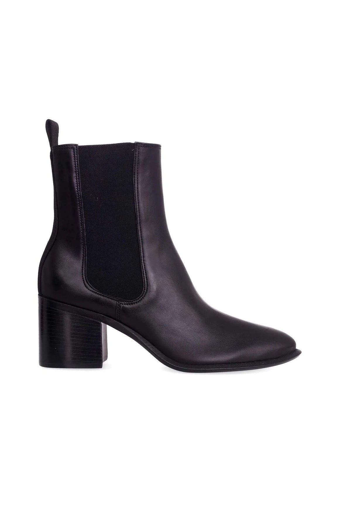 1. Black leather Chelsea ankle boots with 6.5 cm block heel, side view highlighting smooth finish and elastic side panel