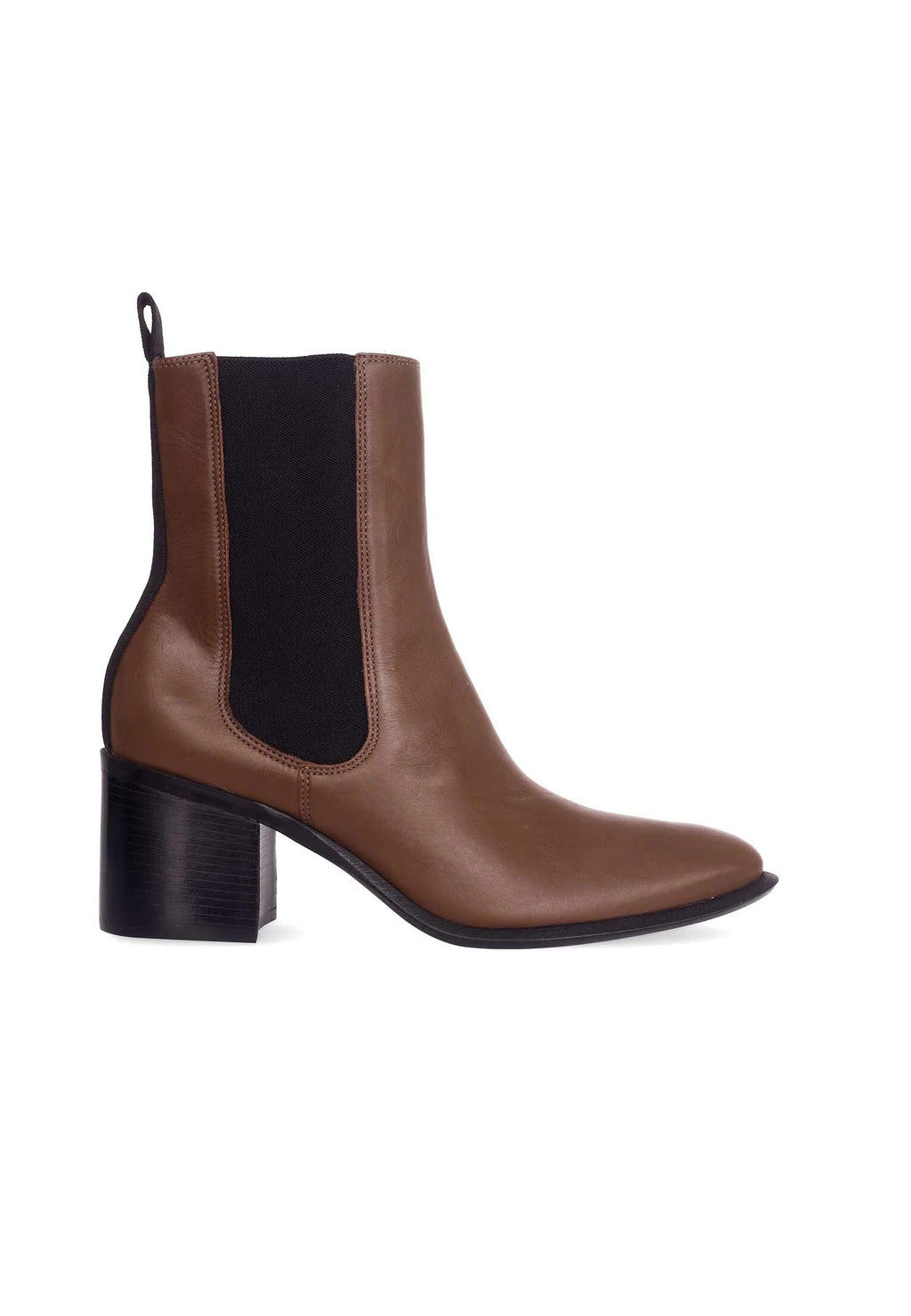 2. Brown leather Chelsea ankle boot with 6.5 cm block heel, side view on white background