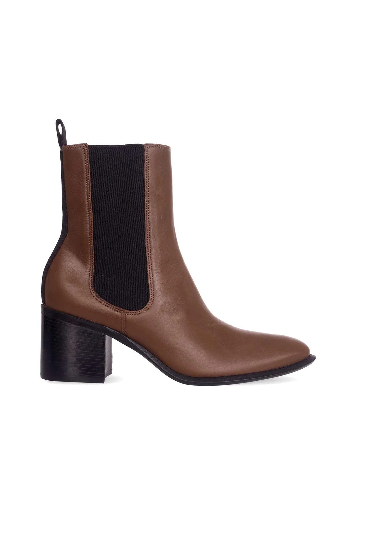 2. Brown leather Chelsea ankle boot with 6.5 cm block heel, side view on white background