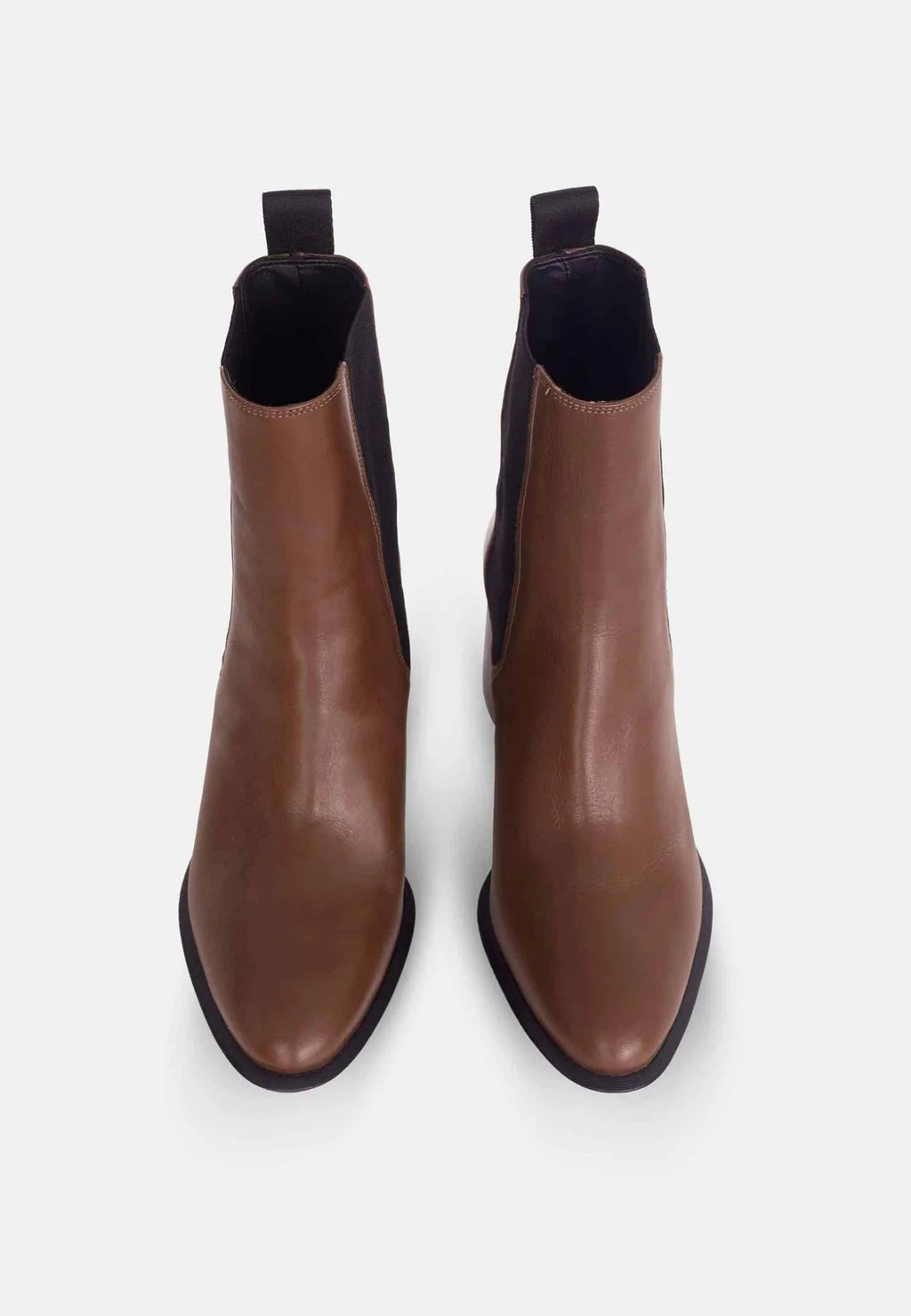 3. Top view of brown leather Chelsea ankle boots with black elastic side panels