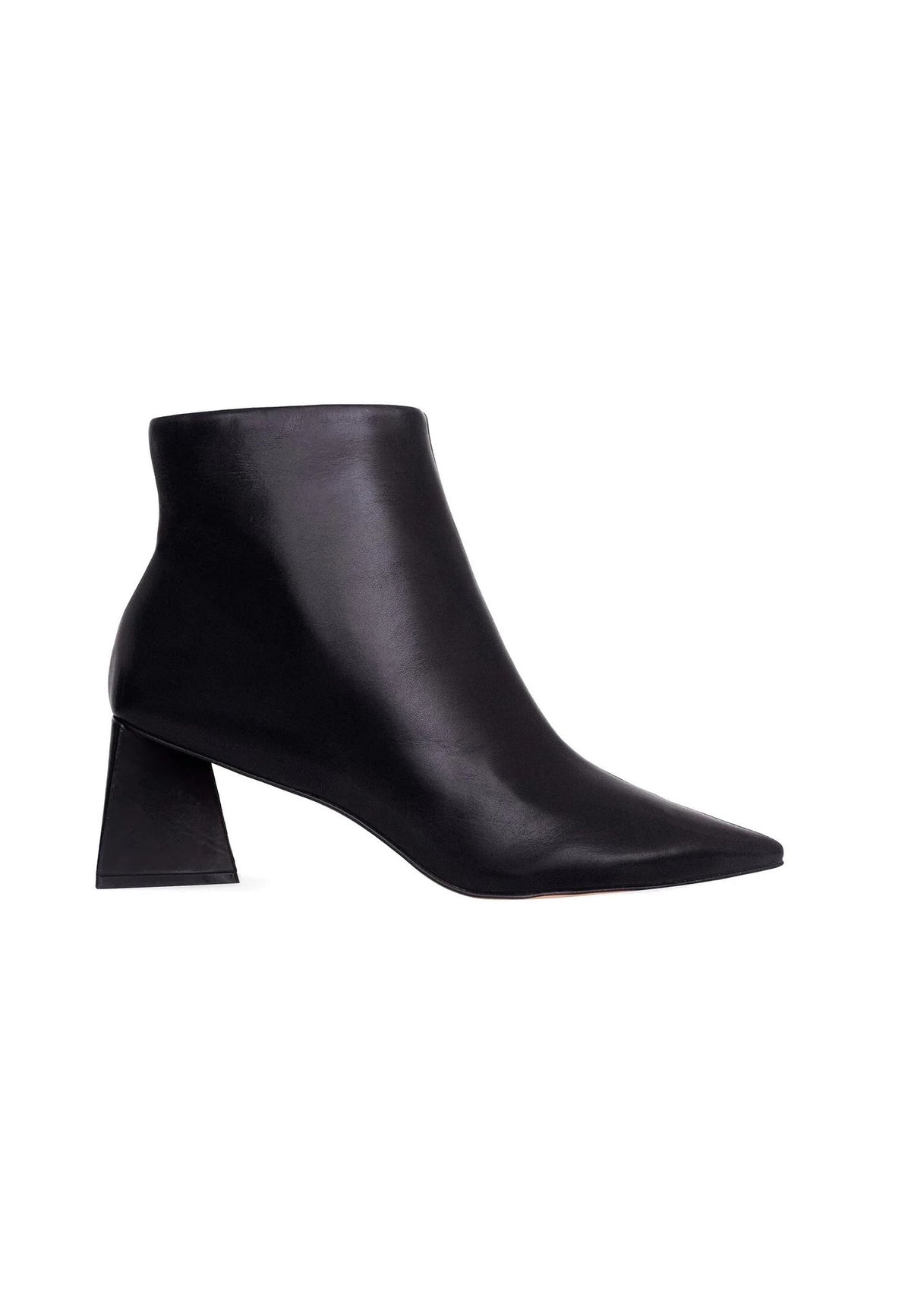 2. Women's black sheepskin leather ankle boot with pointed toe and block heel shown in studio on white background