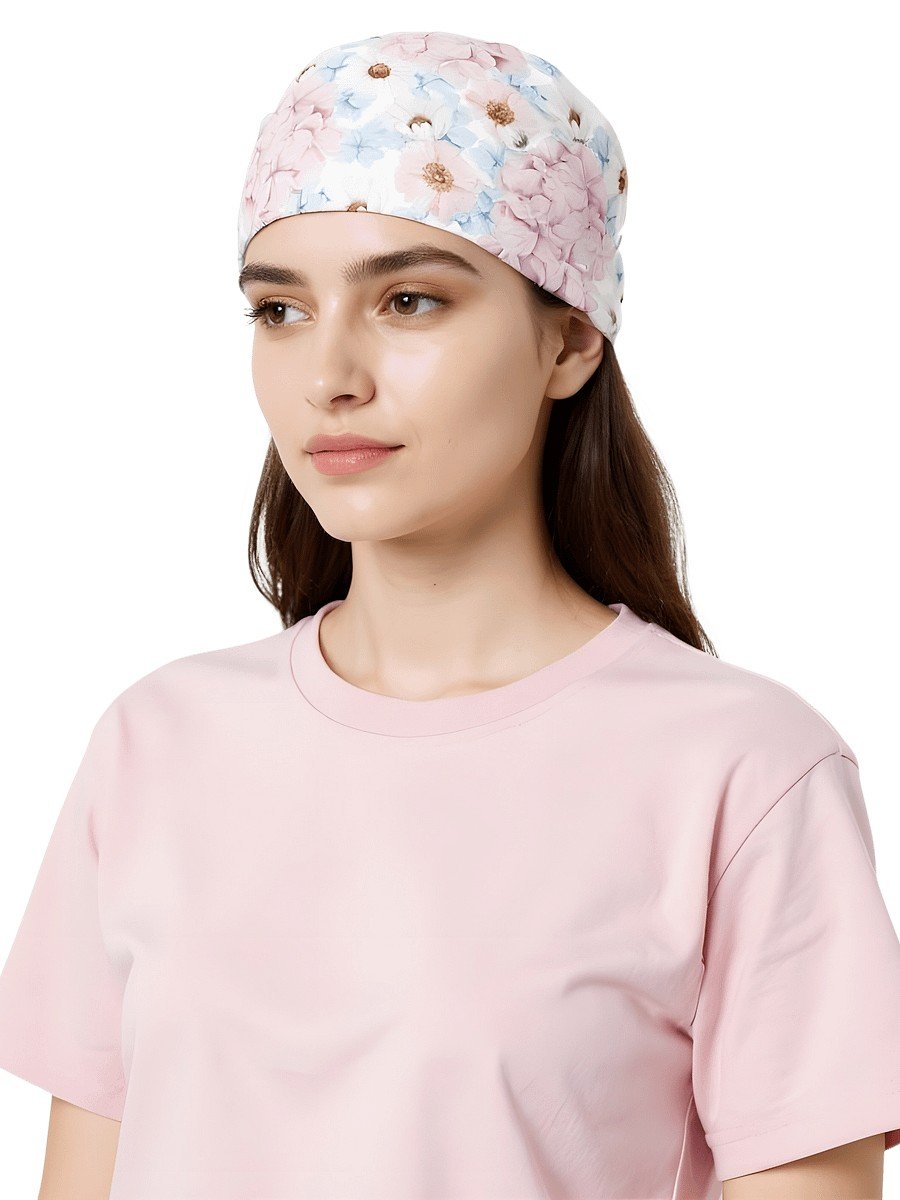 1. Woman wearing Flowery Stories Blissful Garden bandana with floral pattern, styled with a pink t-shirt, studio setting