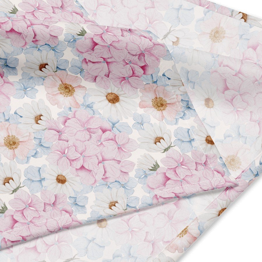 3. Close-up of Flowery Stories Blissful Garden bandana showing detailed pink and blue floral pattern