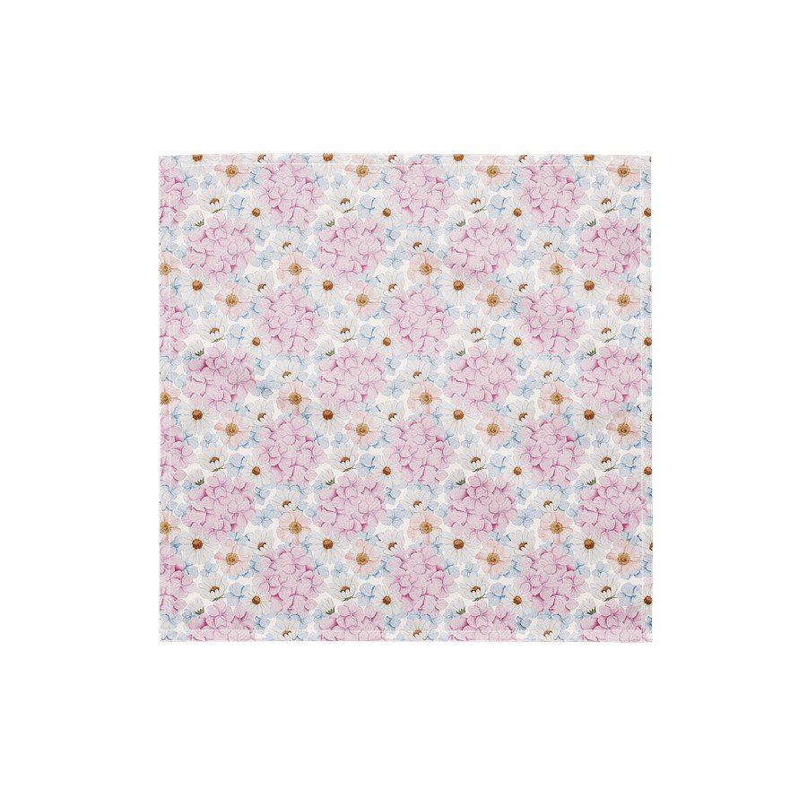 2. Flat lay of Flowery Stories Blissful Garden bandana featuring pink and blue floral pattern on white background