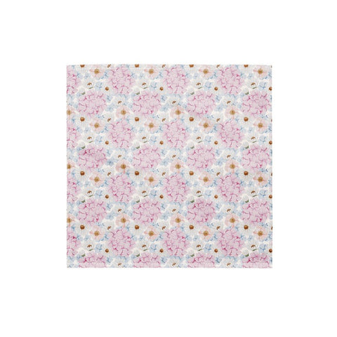 2. Flat lay of Flowery Stories Blissful Garden bandana featuring pink and blue floral pattern on white background