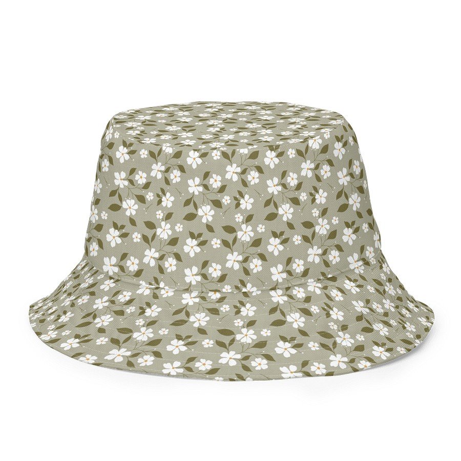 2. Blossom Breeze reversible bucket hat with green floral pattern, made from breathable linen-feel polyester fabric