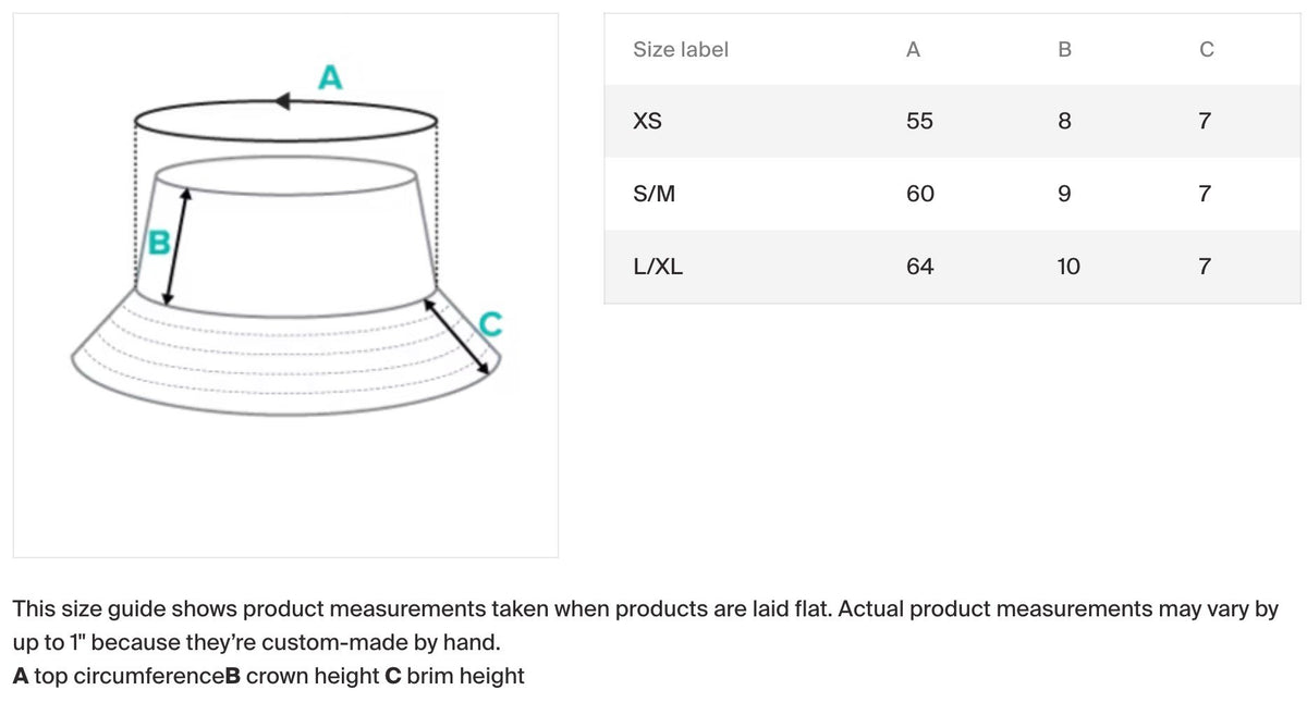 5. Size chart for Blushing Blossom bucket hat showing top circumference, crown height, and brim height in centimeters