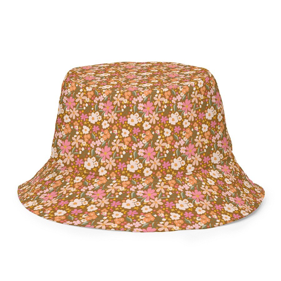 2. Blushing Blossom reversible bucket hat with pink and white floral pattern on brown background