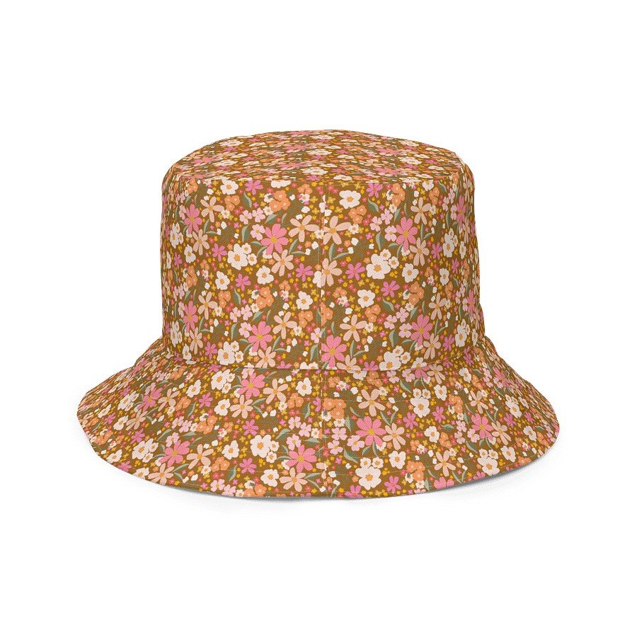 3. Close-up of Blushing Blossom bucket hat with floral pattern on brown background