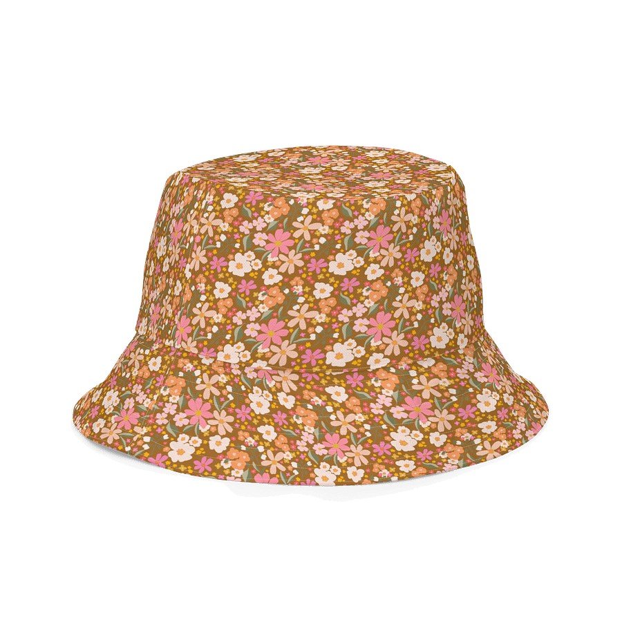3. Close-up of Blushing Blossom bucket hat with floral pattern on brown background
