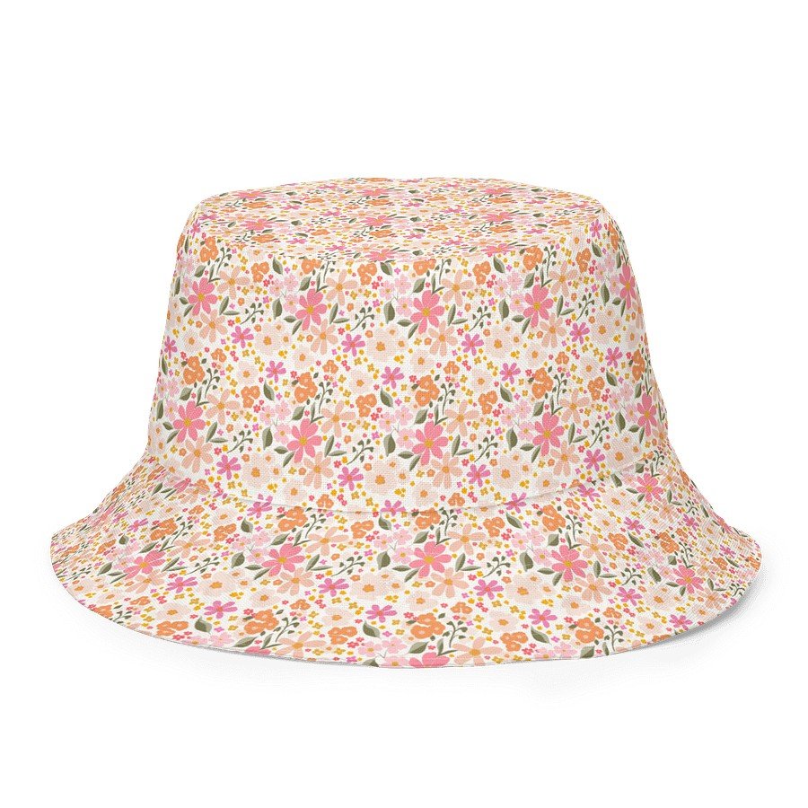 3. Close-up of Blushing Blossom bucket hat with floral pattern on beige background