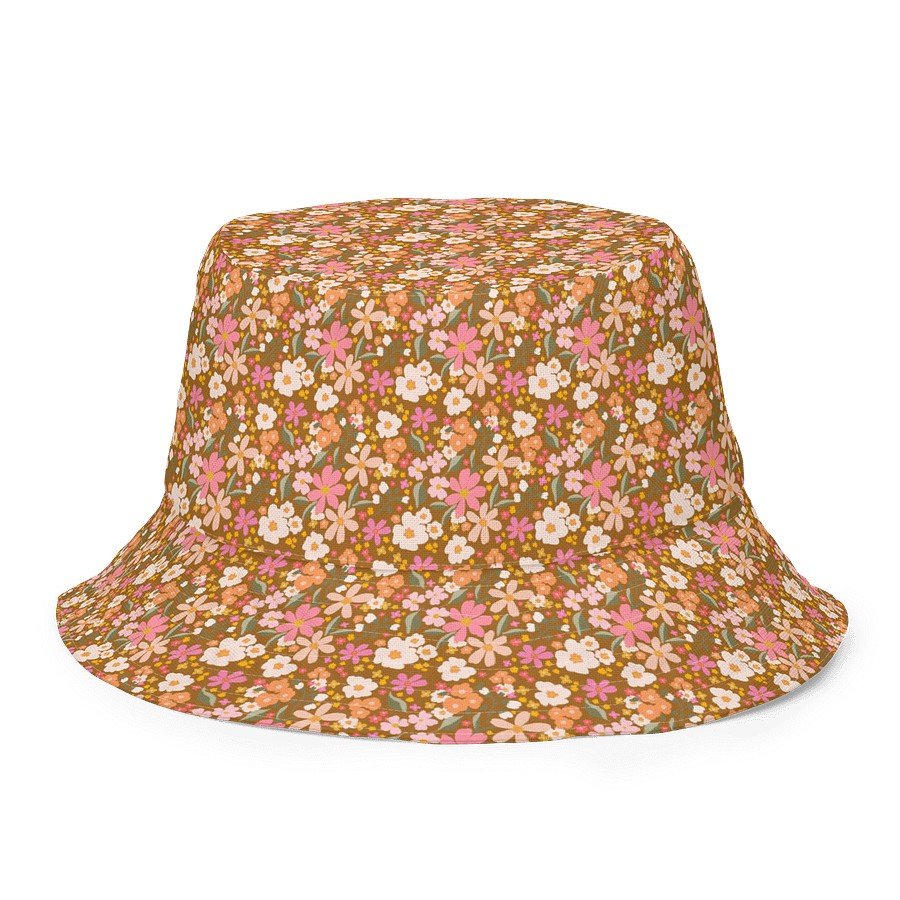 2. Blushing Blossom reversible bucket hat with pink and white floral pattern on brown background