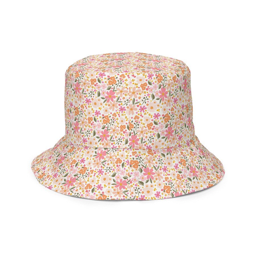 3. Close-up of Blushing Blossom bucket hat with floral pattern on beige background