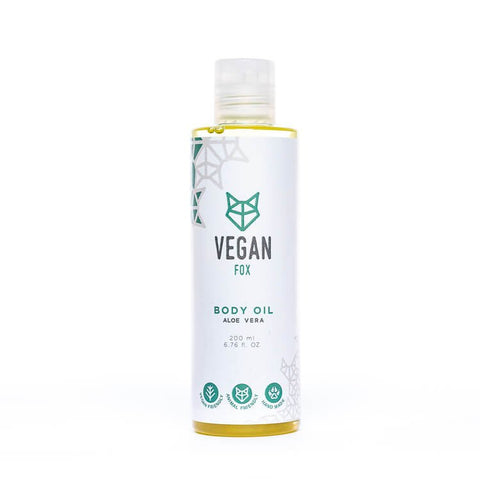 2. Vegan Fox Aloe Vera Body Oil bottle with green logo on white background