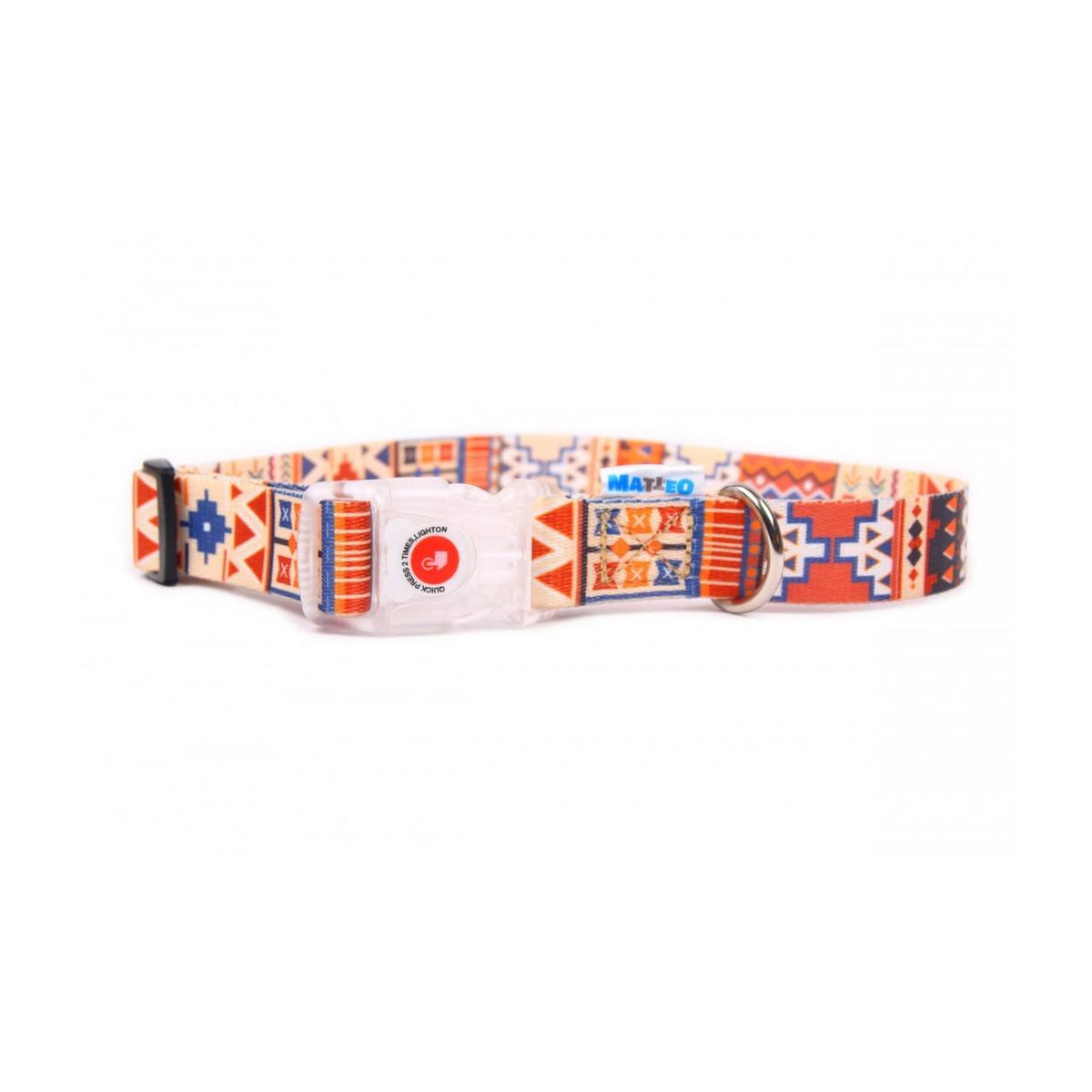 1. Boho style dog collar with colorful geometric patterns and transparent LED buckle on white background