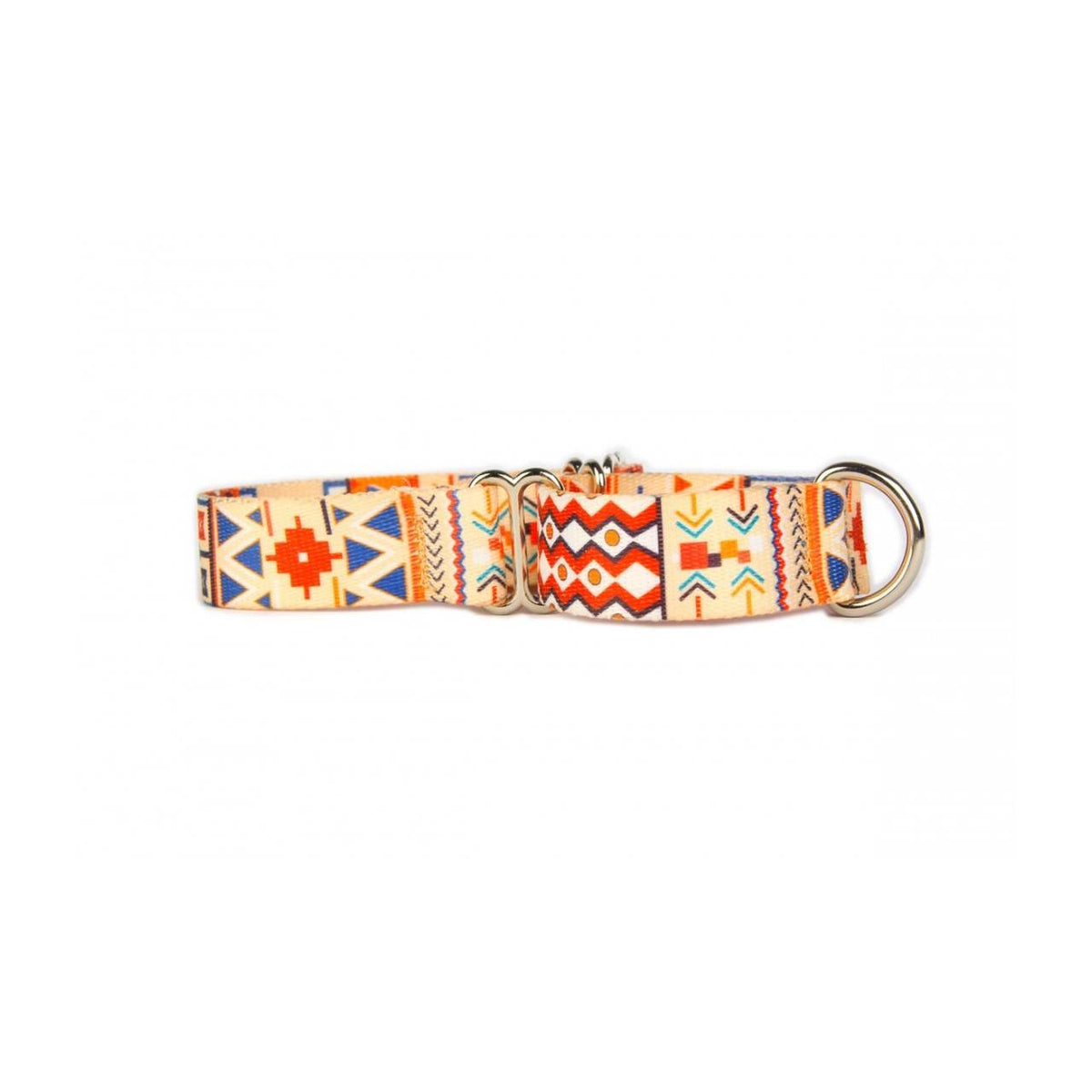 1. Studio shot of Matteo Boho Collection martingale dog collar with colorful geometric patterns on durable woven webbing