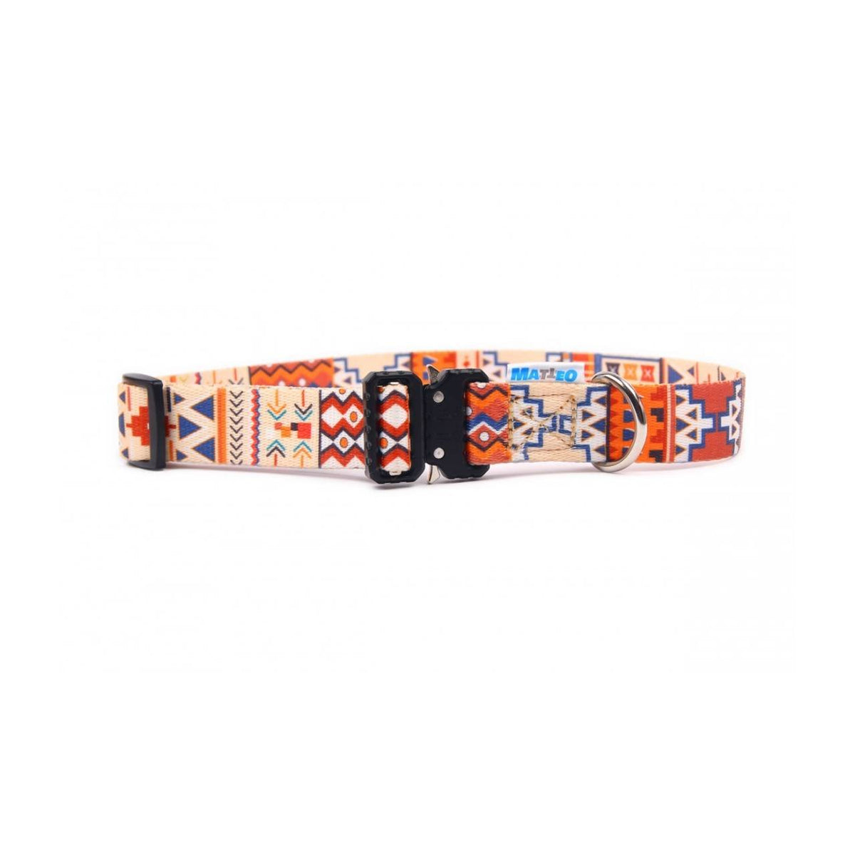 1. Black dog wearing Matteo boho dog collar with colorful geometric pattern lying on dark grey pet bed