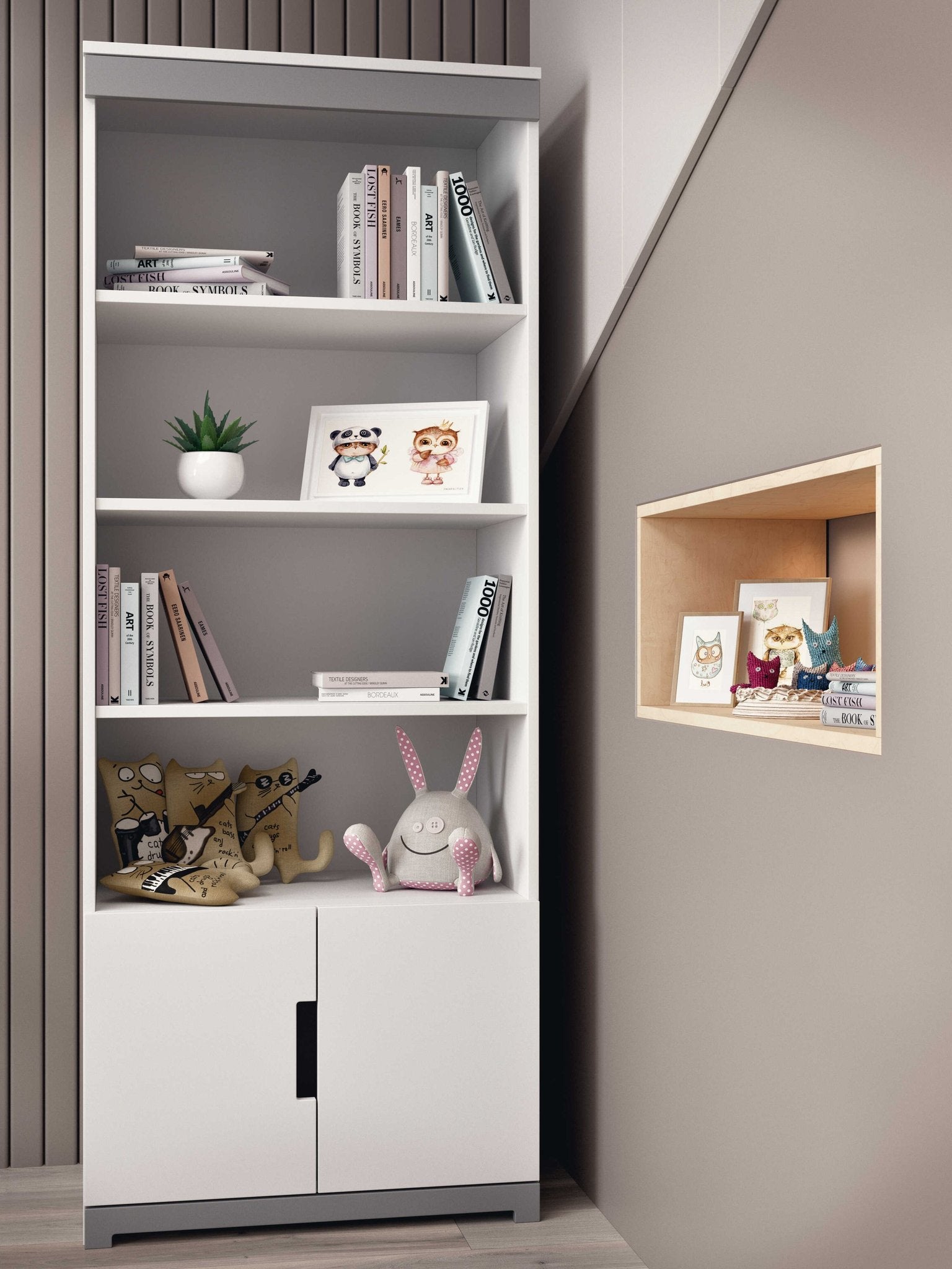 1. White Tomi bookshelf in a modern children's room, styled with books, toys, and decorative items