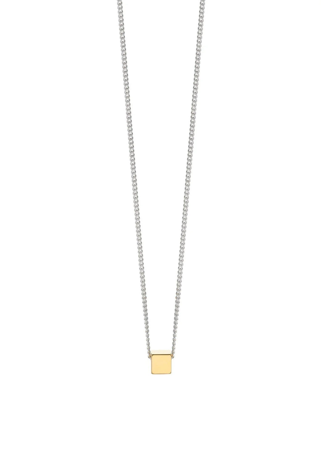 2. Studio shot of NO MORE gold box necklace with sterling silver chain on white background