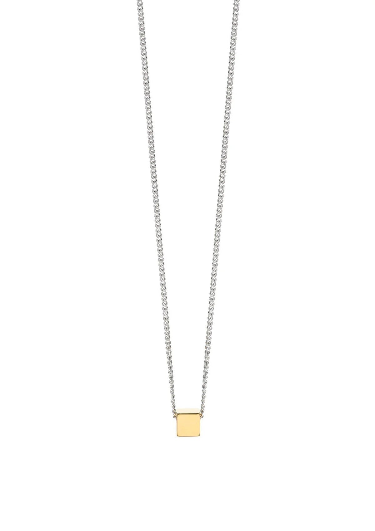 2. Studio shot of NO MORE gold box necklace with sterling silver chain on white background