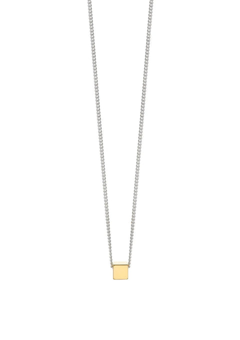2. Studio shot of NO MORE gold box necklace with sterling silver chain on white background