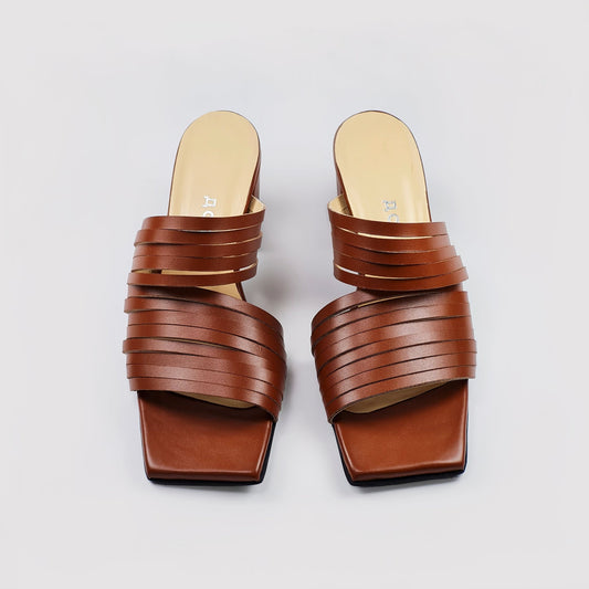 1. Top view of Daz Studio handmade brown strappy leather sandals with squared toe and 6 cm heel