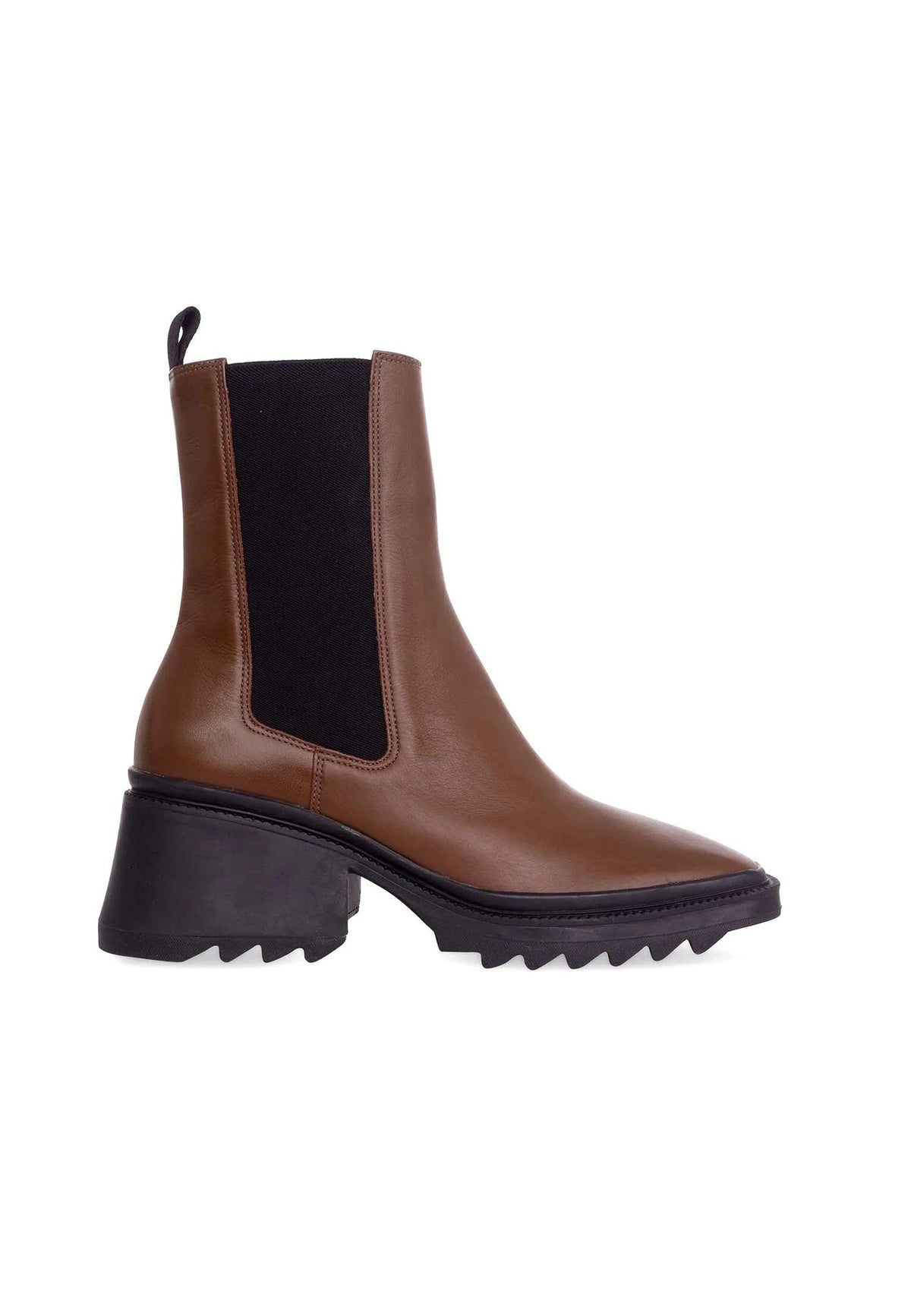 2. Brown calf leather combat boot with black elastic gusset and pull tab, featuring a 7.8 cm heel, shown in studio setting