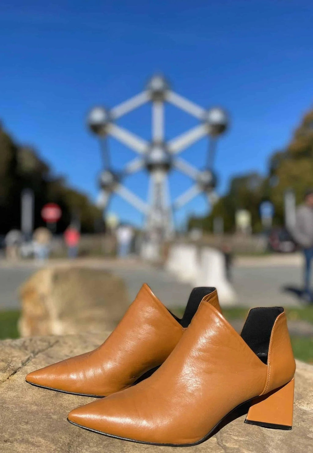 1. Brown leather ankle boots with pointed toe and block heel on rock with urban park setting