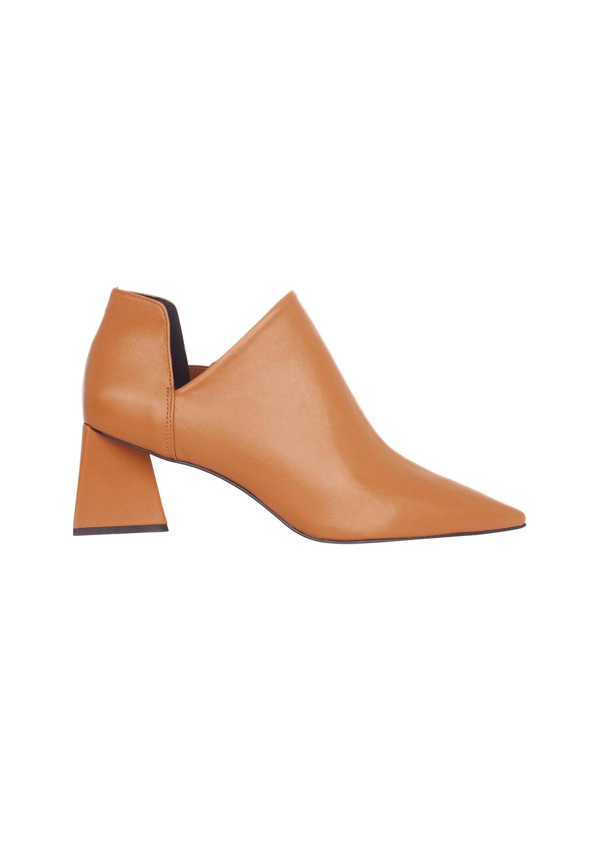 2. Women's brown sheepskin leather ankle boot with pointed toe and block heel on white background