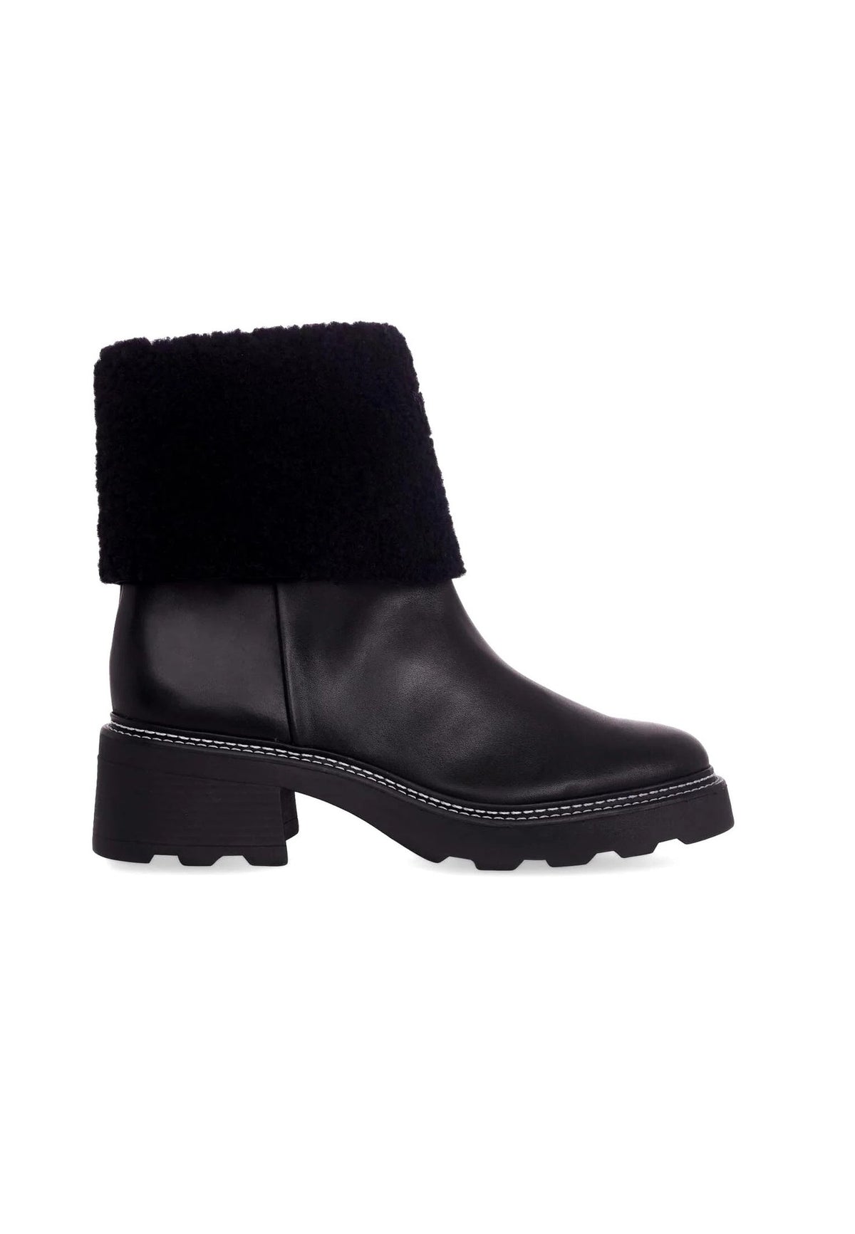 3. Side view of black leather ankle boot with shearling cuff and block heel on a white background