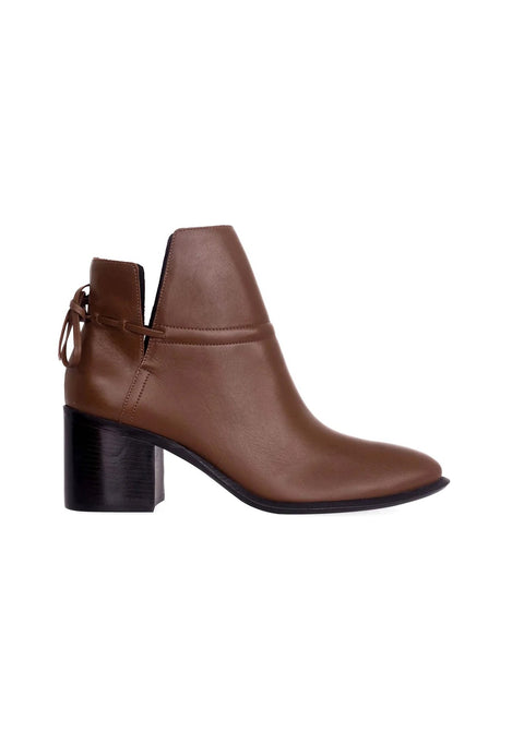 2. Women's brown leather ankle boot with block heel shown in side profile on white background