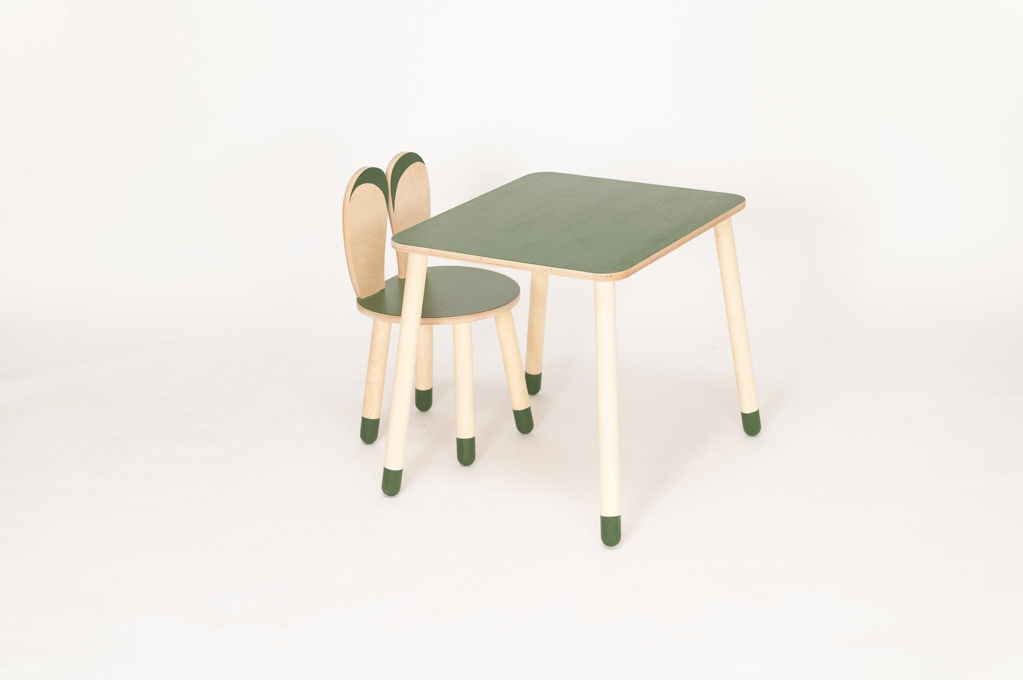 4. Green wooden bunny table and chair set for kids, natural birch legs, studio background