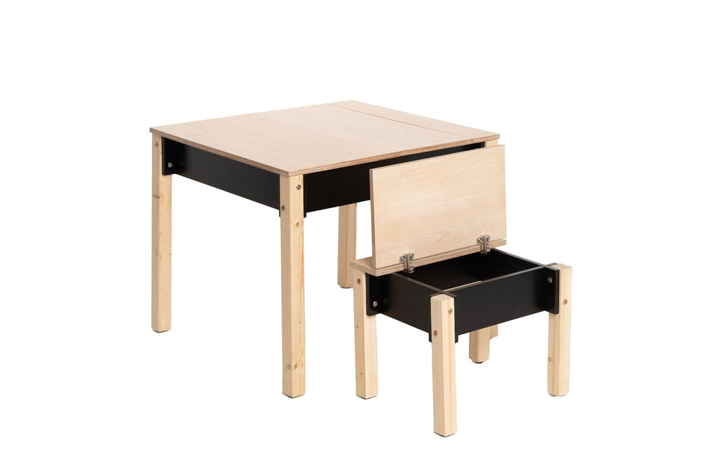 2. Studio shot of children's smart storage table and chair set in light wood and black, showing open storage compartments