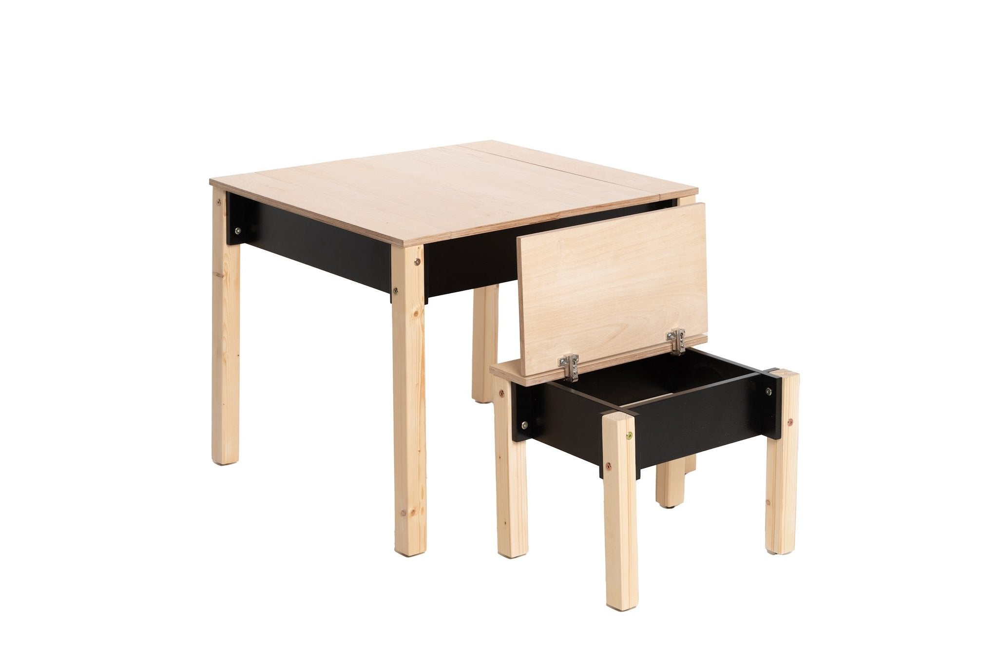 2. Studio shot of children's smart storage table and chair set in light wood and black, showing open storage compartments