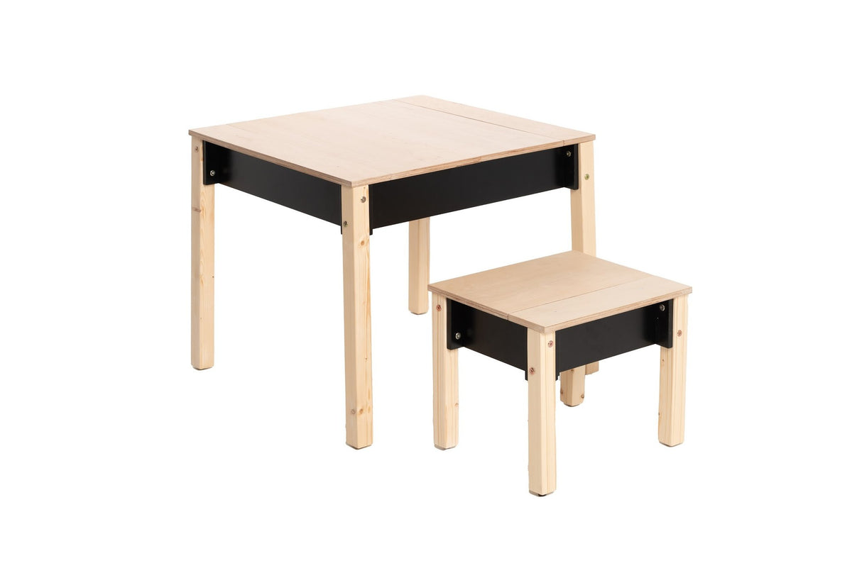 2. Studio shot of children's smart storage table and chair set in light wood and black, closed storage compartments